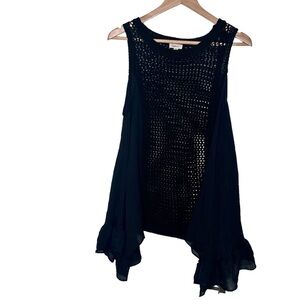 Debut Black Sleeveless Tunic with Crochet Front and Ruffled Hem.